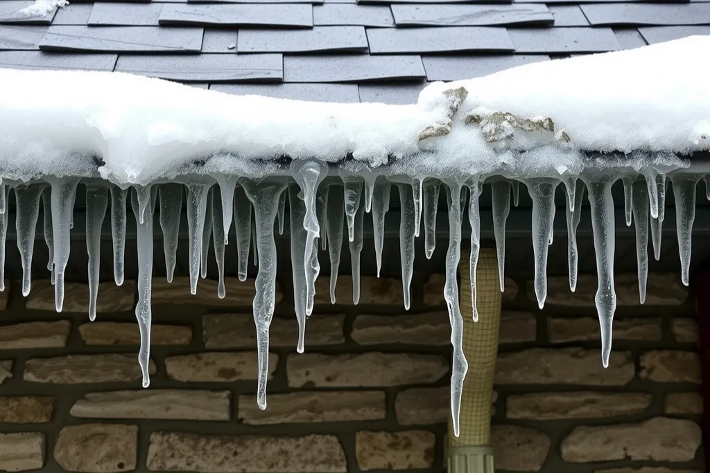 A ridge of ice and heavy icicles along the eave of a slate-coloured roof above a gutter.