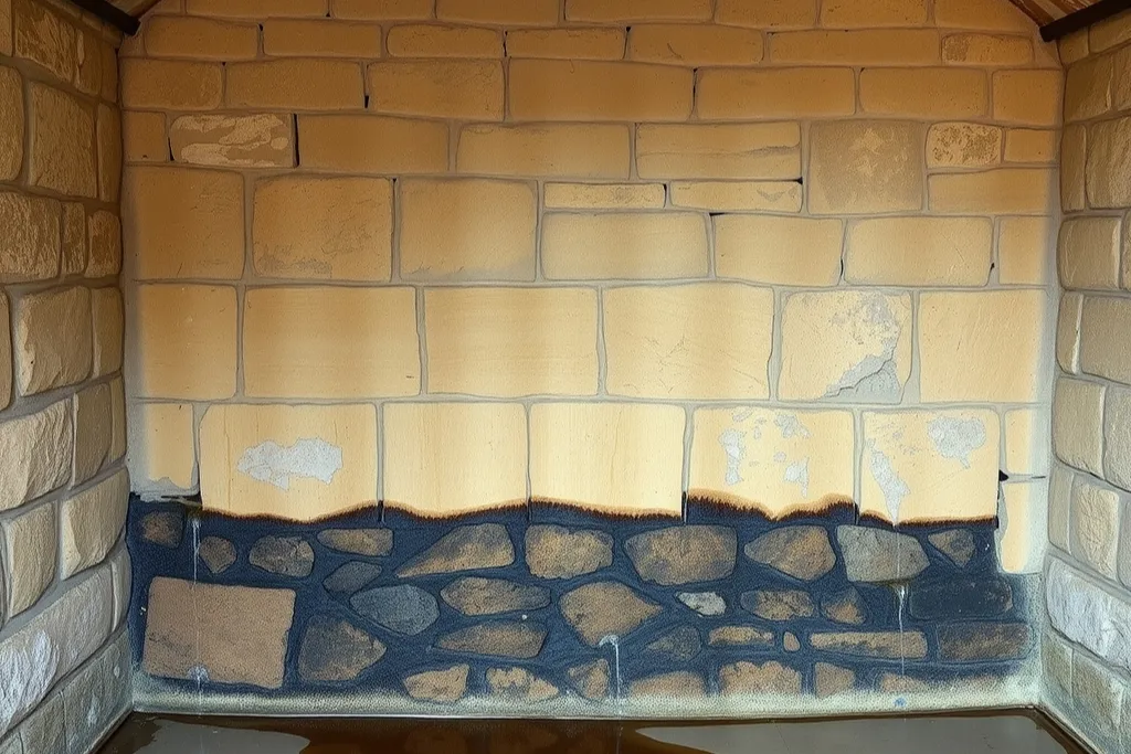 A wet rubble-stone cellar wall with dark mortar joints, salt bloom and clear water running down the stones.